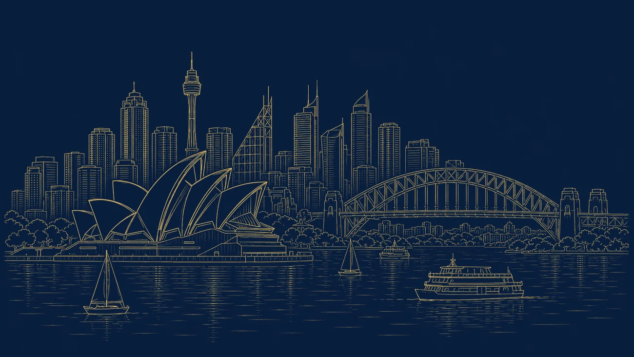 Gold line illustration of the Sydney skyline with the Opera House, Harbour Bridge and financial-district towers, representing Australia