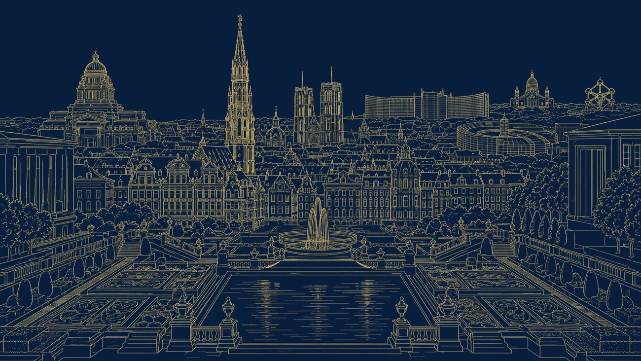 Gold line illustration of the Brussels Grand-Place with ornate guild halls, the town-hall spire and a street lamp representing Belgium