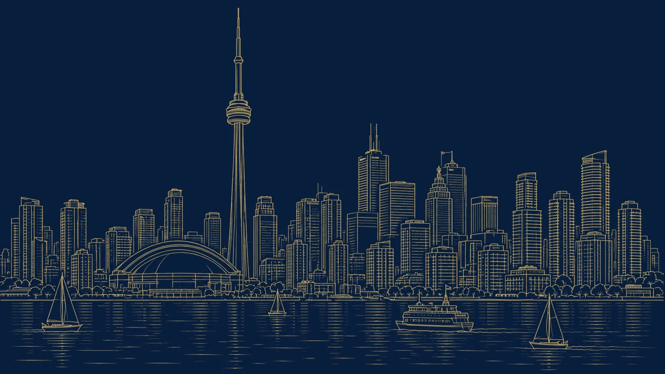 Gold line illustration of the Toronto skyline with the CN Tower and the downtown financial-district bank towers, representing Canada