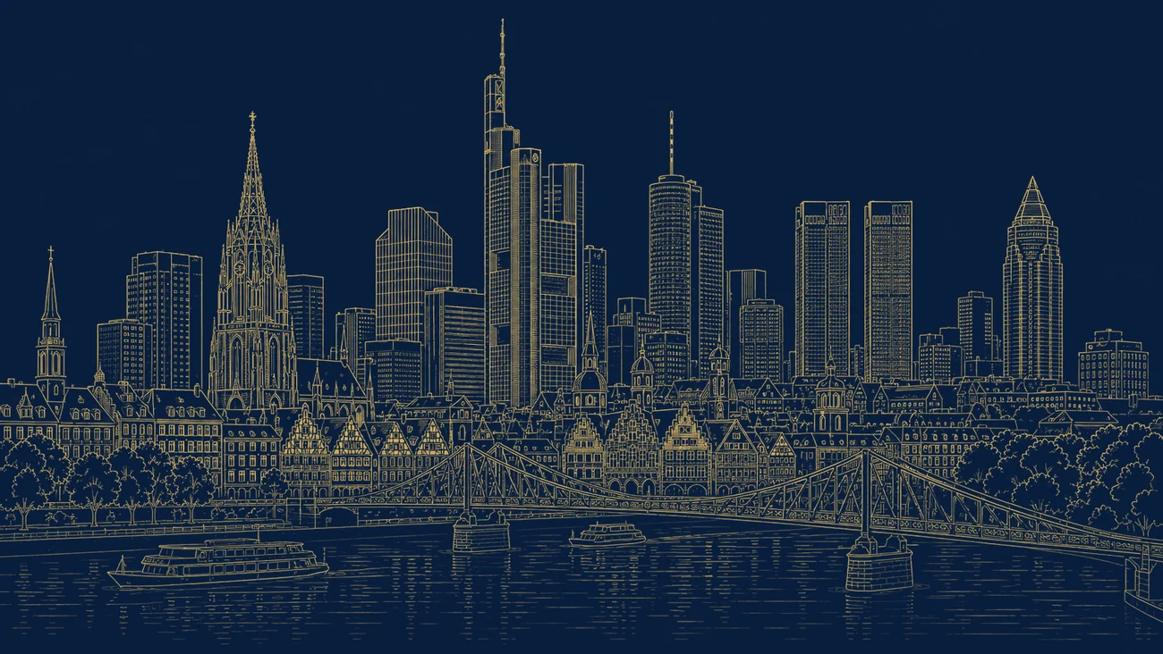 Gold line illustration of Bauhaus-inspired architecture, rail infrastructure and an industrial horizon representing Germany
