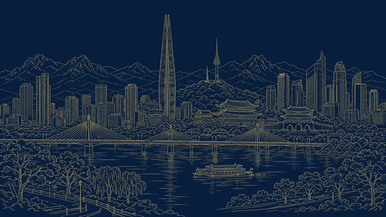 Gold line illustration of the Seoul skyline with the Lotte World Tower, N Seoul Tower and a Han River bridge, representing Korea