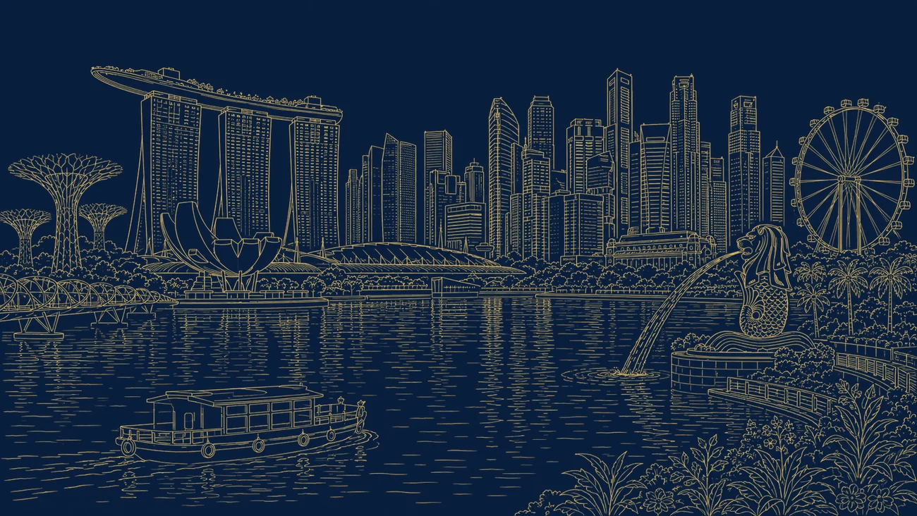 Gold line illustration of the Singapore Marina Bay skyline with Marina Bay Sands, the financial district and a harbour with port cranes, representing Singapore