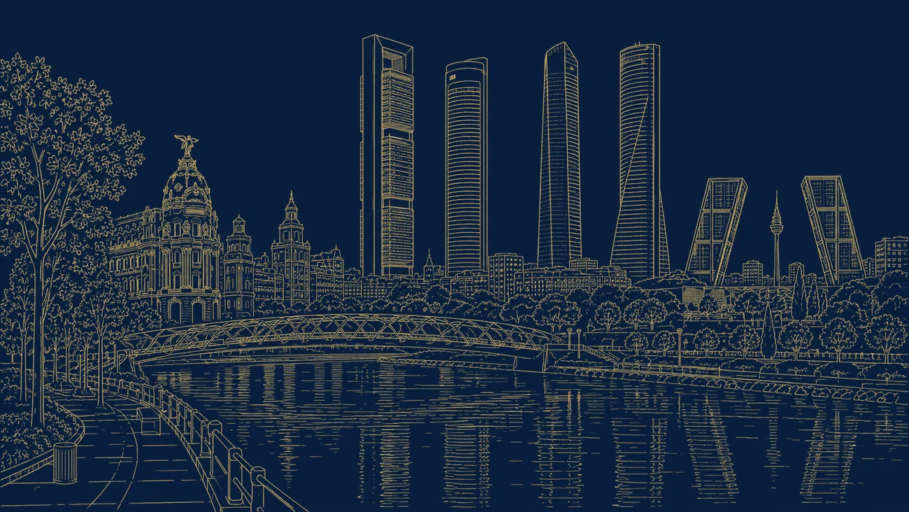 Gold line illustration of the Madrid Cuatro Torres business district skyline, representing Spain